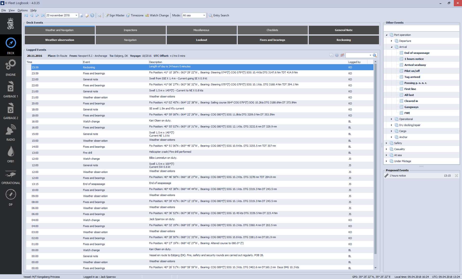 Screenshot of deck logbook