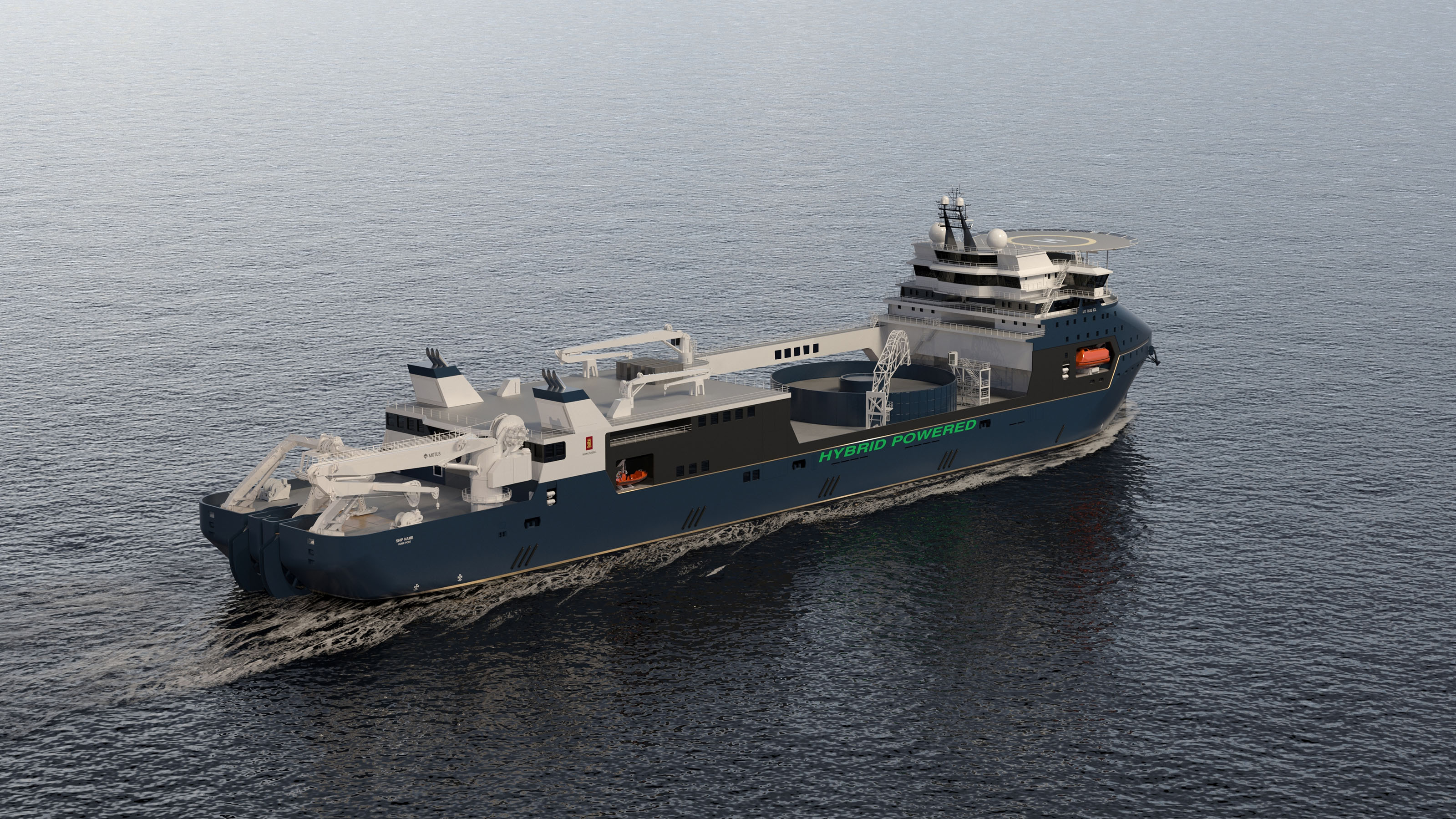 A 3D rendering shows a cable laying vessel motoring in moderate seas