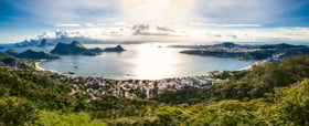 A birds eye view of Niteroi, Brazil, looking out towards the ocean.