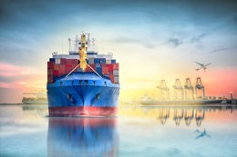 Illustration of container vessel at port.