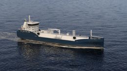 A 3D rendering of a very modern, small scale LNG vessel sailing in calm seas