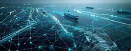 A maritime landscape with several container vessels and a digital pattern overlay.