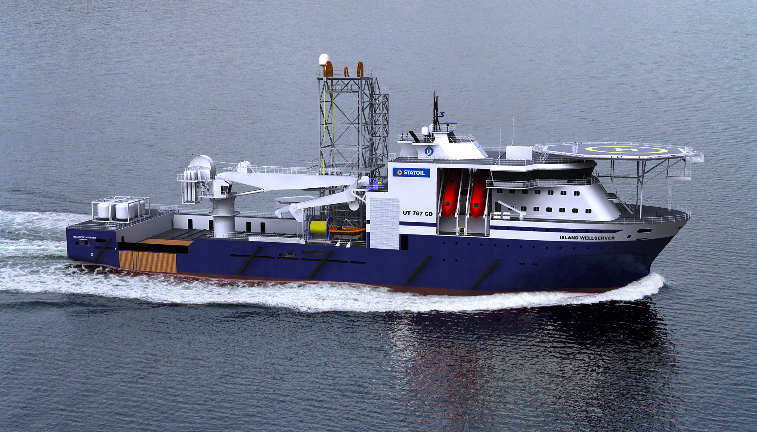 A 3D rendering shows an aerial view of a well intervention vessel motoring in relatively calm seas
