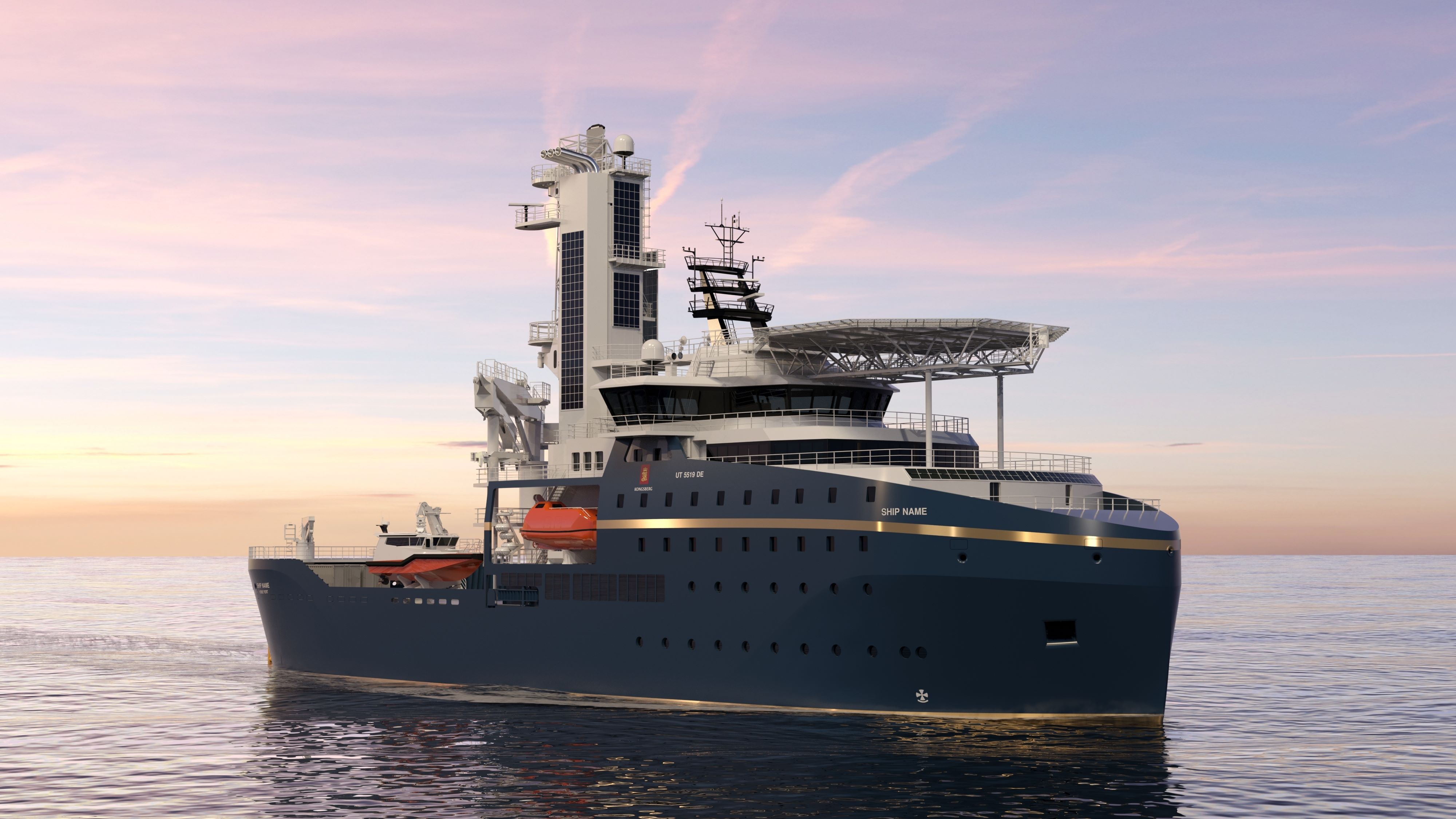 A 3D rendering shows a CSOV design motoring slowly in calm seas with a sunset in the background