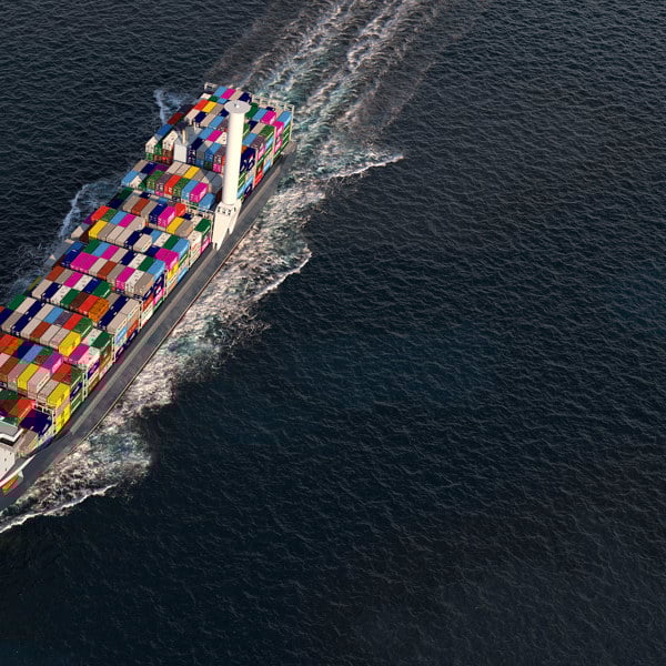 Kongsberg Maritime Container Feeder concept Cobolt Blue at sea from a birdseye view.