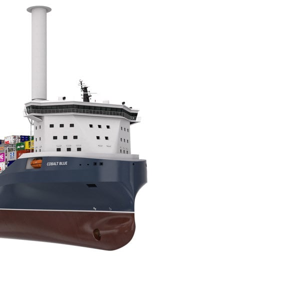 A render of Kongsberg Maritime Container Feeder concept Cobolt Blue.