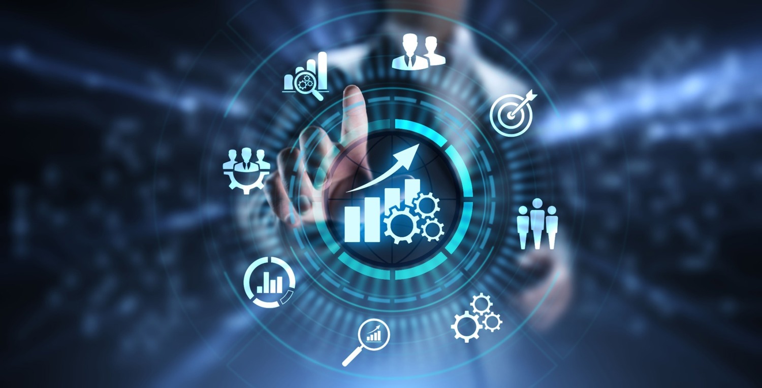 Business analytics and growth icons on a data interface controlled by touch