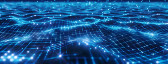 Abstract blue digital surface with flowing grid lines and glowing connection points, representing data and networked systems.