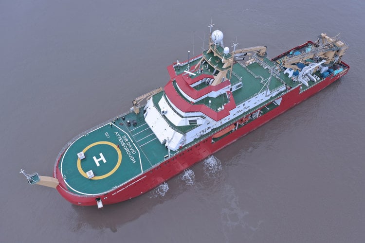 Aerial view of RRS Sir David Attenborough, an ocean research vessel with reduced underwater noise