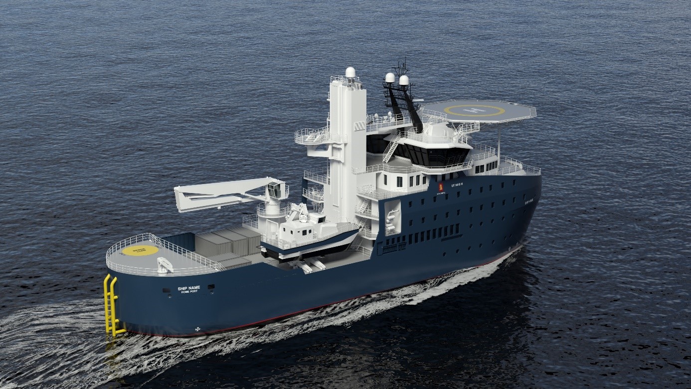 A 3D rendering shows an aerial view of a modern wind farm support vessel design motoring in breezy ocean conditions
