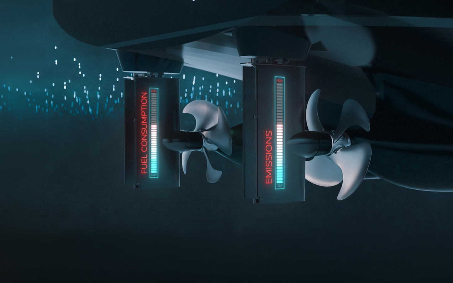 Electric propellers under water with indicators of fuel consumption and emmissions