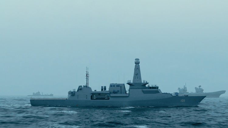 A rendering of a navy battle fleet underway