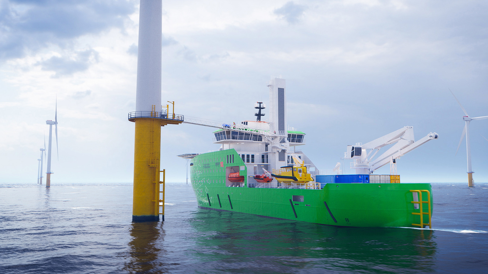 An eCSOC vessel by Bibby Marine connected to a wind turbine at sea.