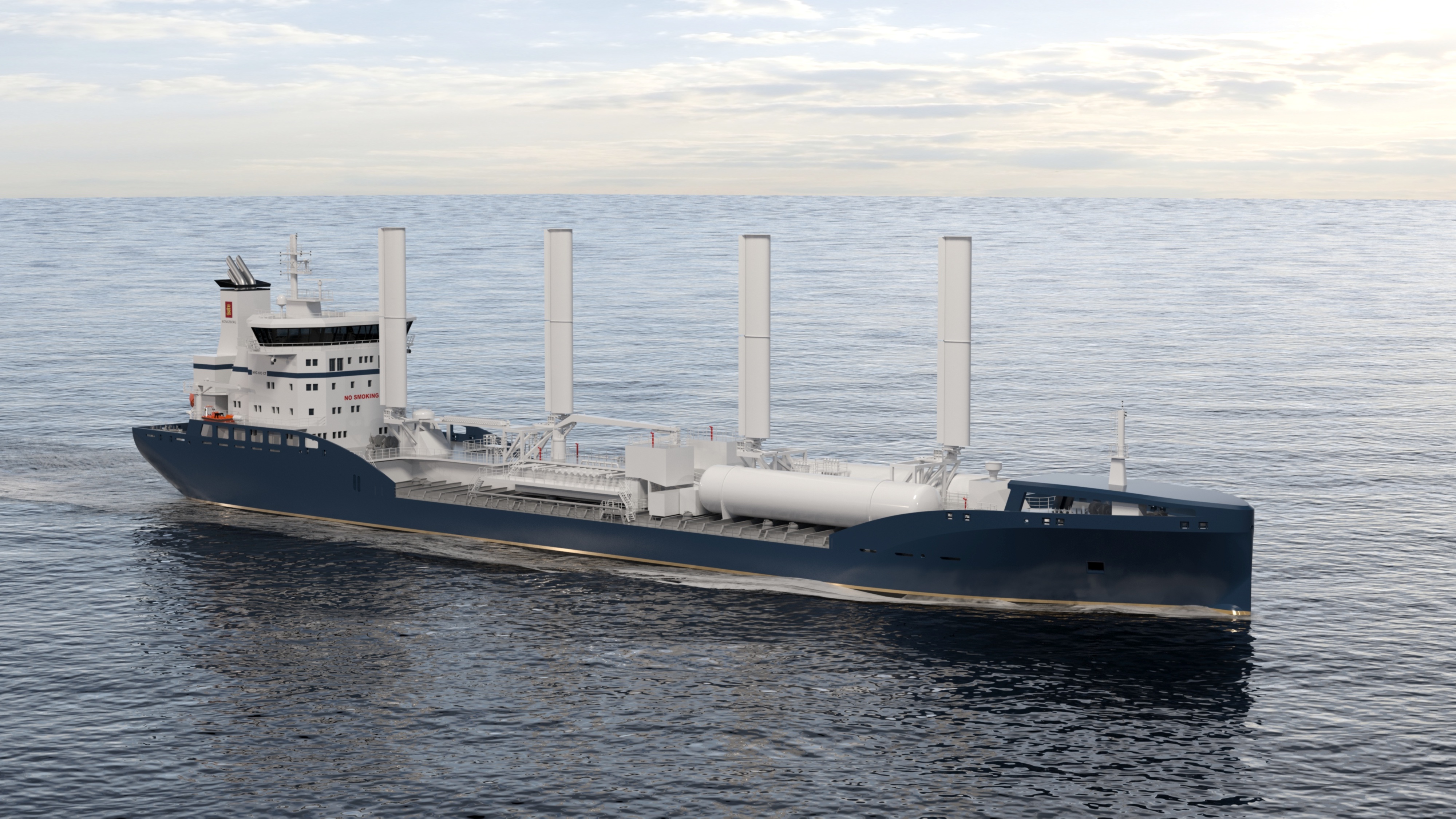 A 3D rendering depicts a tanker vessel with wind assist technology sailing in calm seas