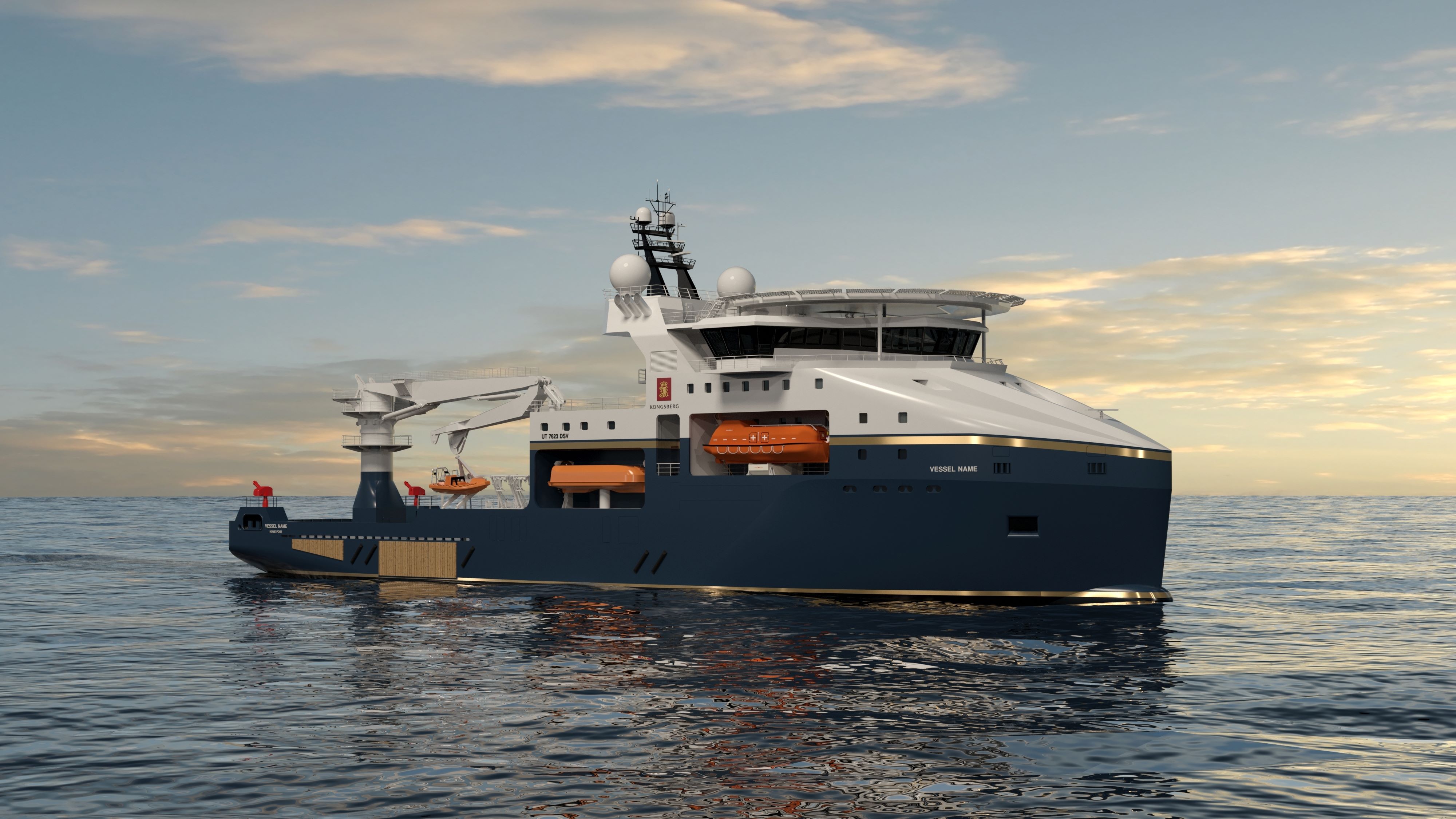 A 3D rendering shows an offshore diving support vessel in calm seas with a sunset