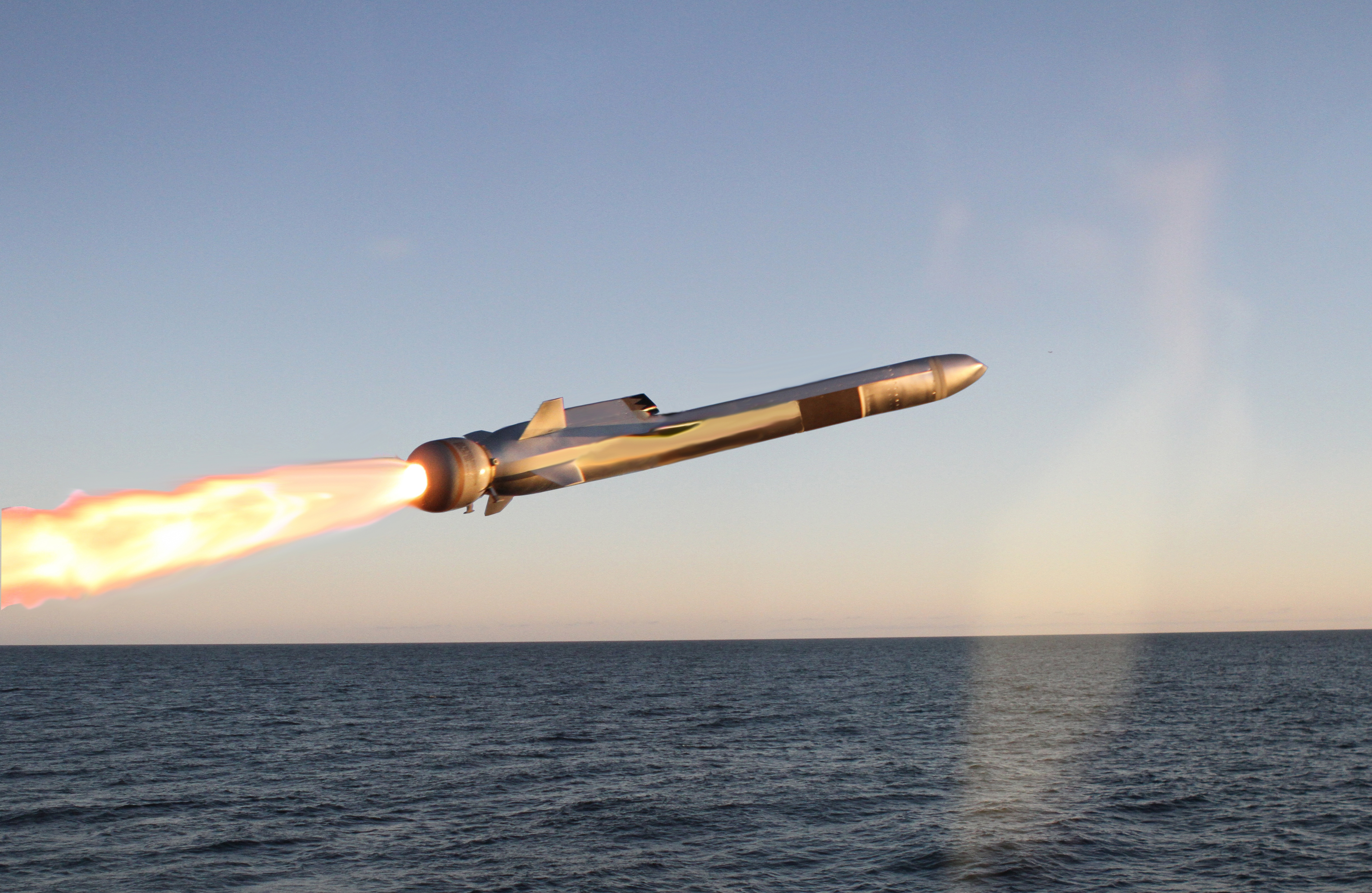 Naval strike missile in flight over ocean. Credit: KONGSBERG