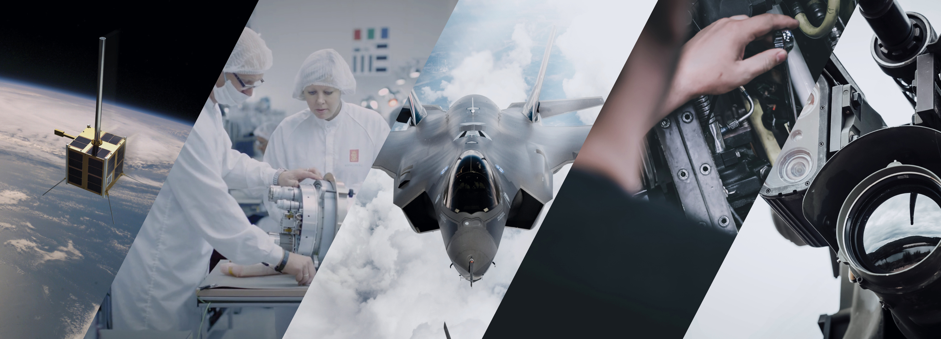 Cover photo for Kongsberg Defence & Aerospace, showing satellites, fighter jets, engineers, and a remote weapon system.