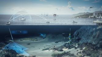 Illustration of different vehicles at sea, both subsea and above surface.
