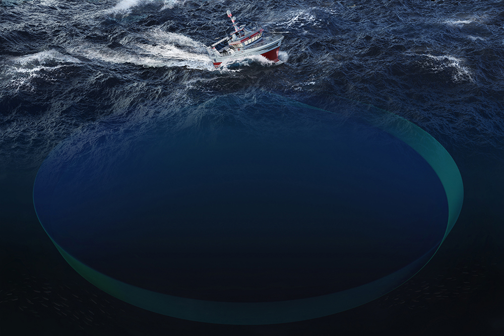 Fishing boat with red and white hull navigating on rough and dark ocean waves with a large circular digital element beneath the water