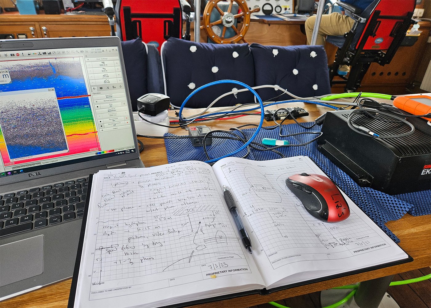 Notes and computer onboard a research vessel