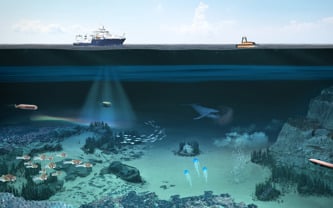 3D illustration of subsea environment with vessels performing surveys
