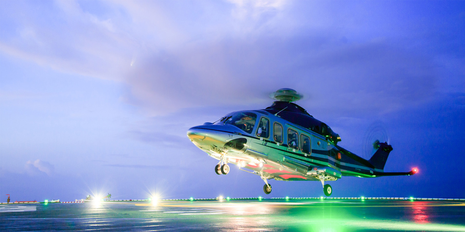 Helicopter landing on a helideck.