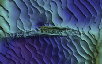 Bathymetric image of a shipwreck on the seabed.
